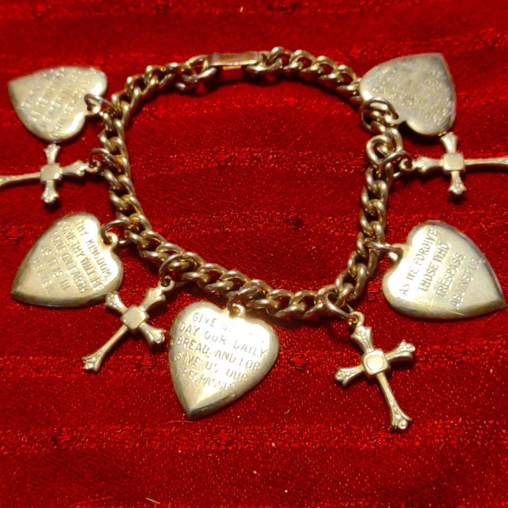 Rare Vtg. Our Father prayer~On gold hearts&beautiful gold chain bracelet…